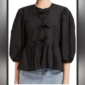 Elegant Black Y2K Peplum Babydoll Tie Front 3/4 Puff Sleeve Women's Top Sz Med